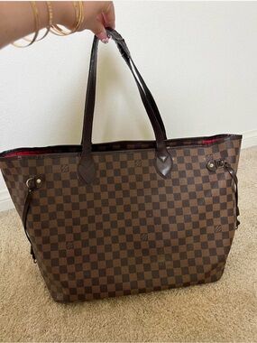 Brown Checkered Tote Bag with Dark Brown Handles